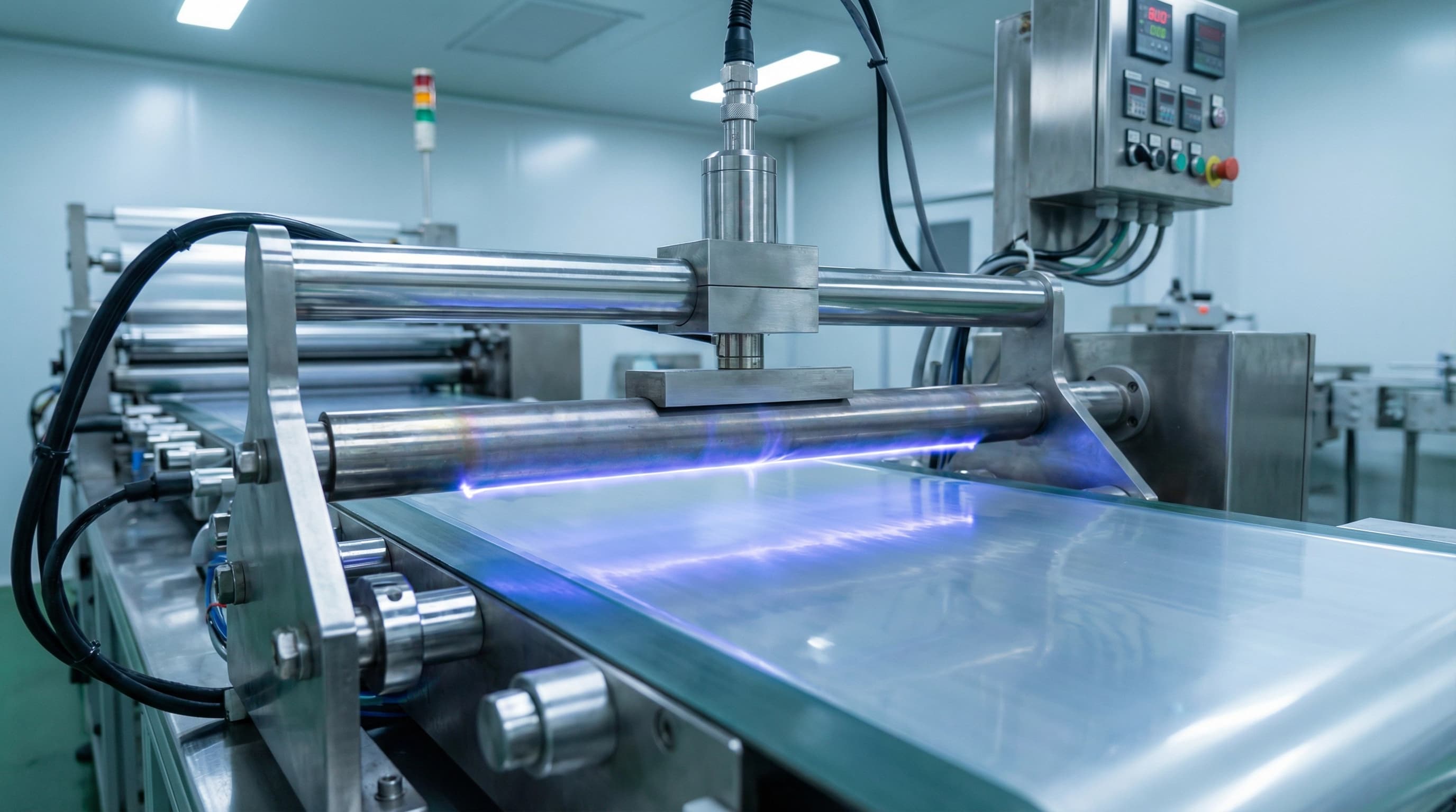 Industrial corona treatment machine applying electrical plasma discharge to transparent PET plastic film