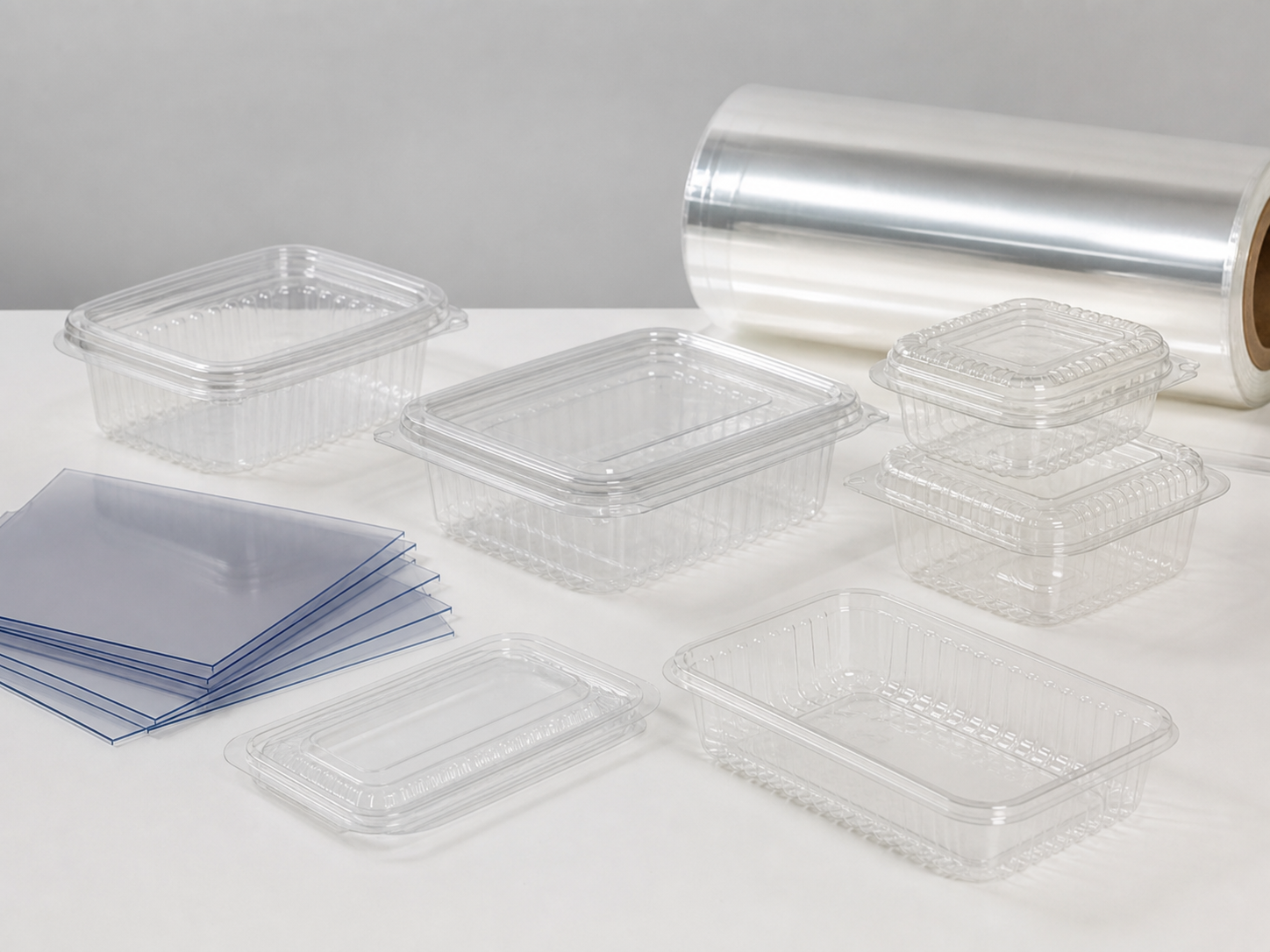 Close-up of clear RPET and PET sheet samples showing thickness, layered edges and flexible plastic material detail