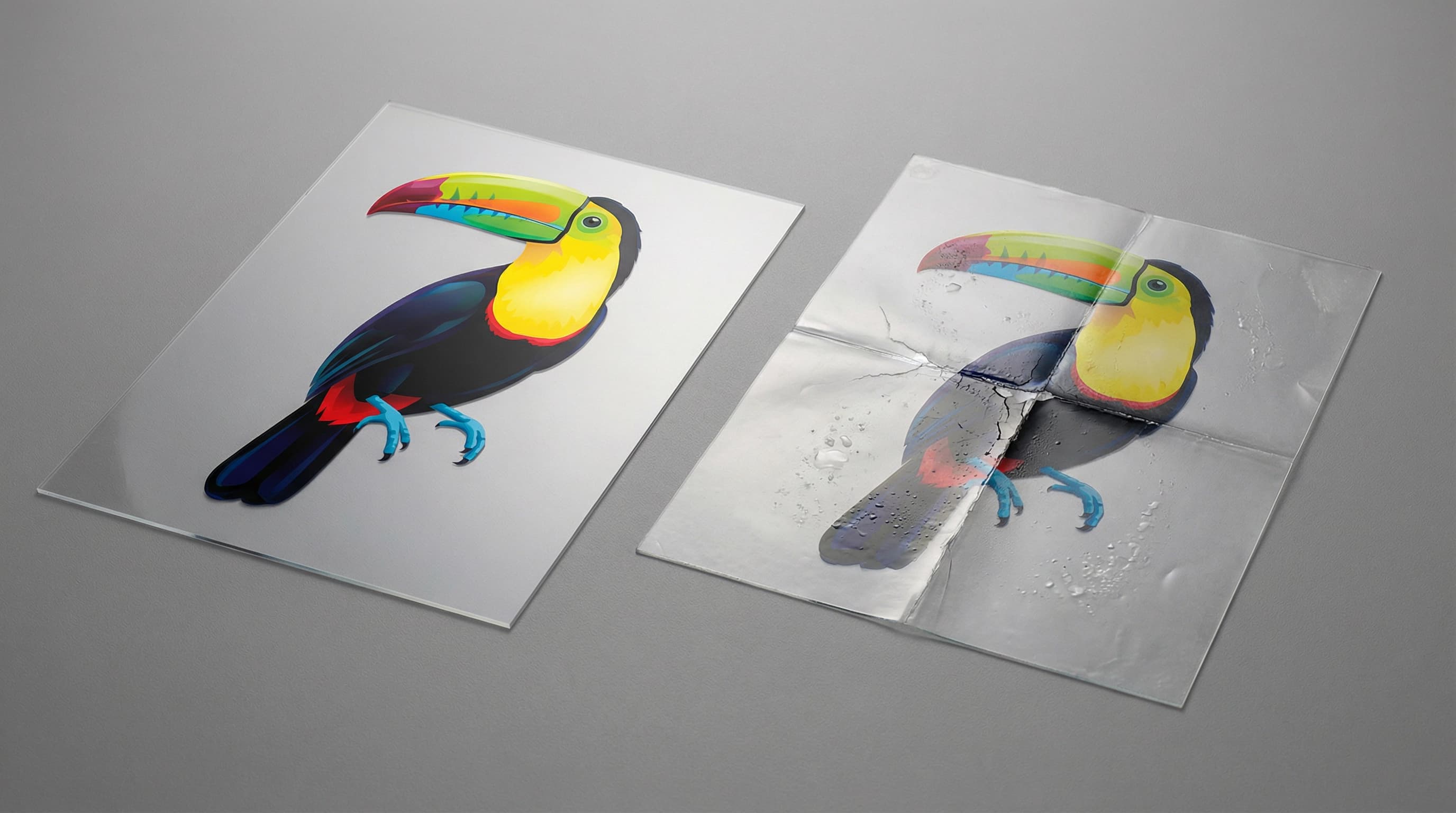 Comparison of perfect UV offset printing on PET sheet versus poor ink adhesion and cracking on untreated PVC