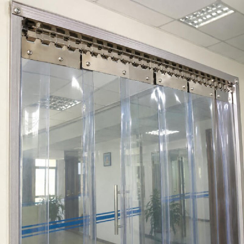 Complete PVC Strip Curtain Kit with PVC strips, mounting rail, and clamping plates