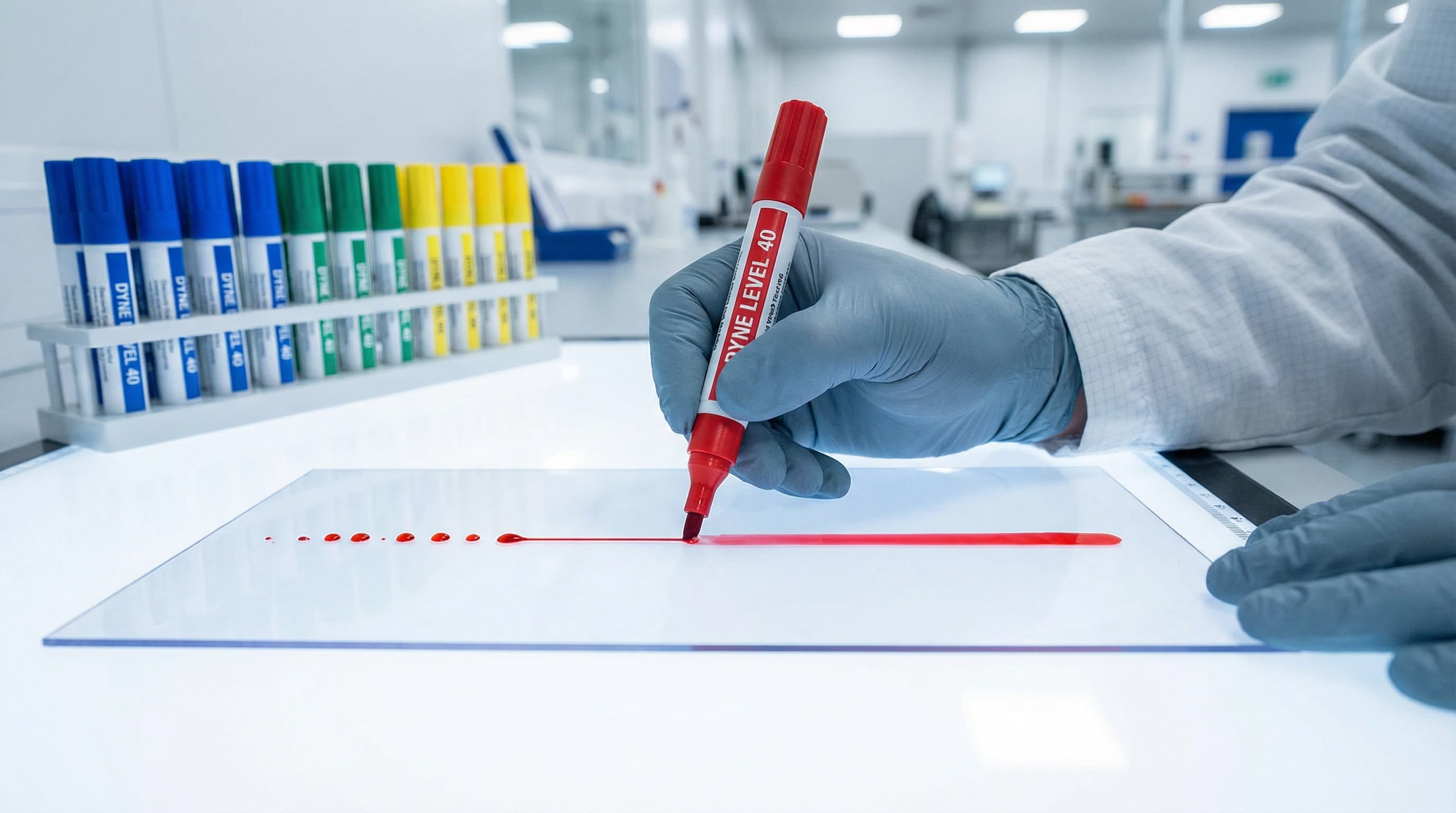 Quality control technician using a red dyne test pen to measure surface energy on a clear rigid PVC sheet