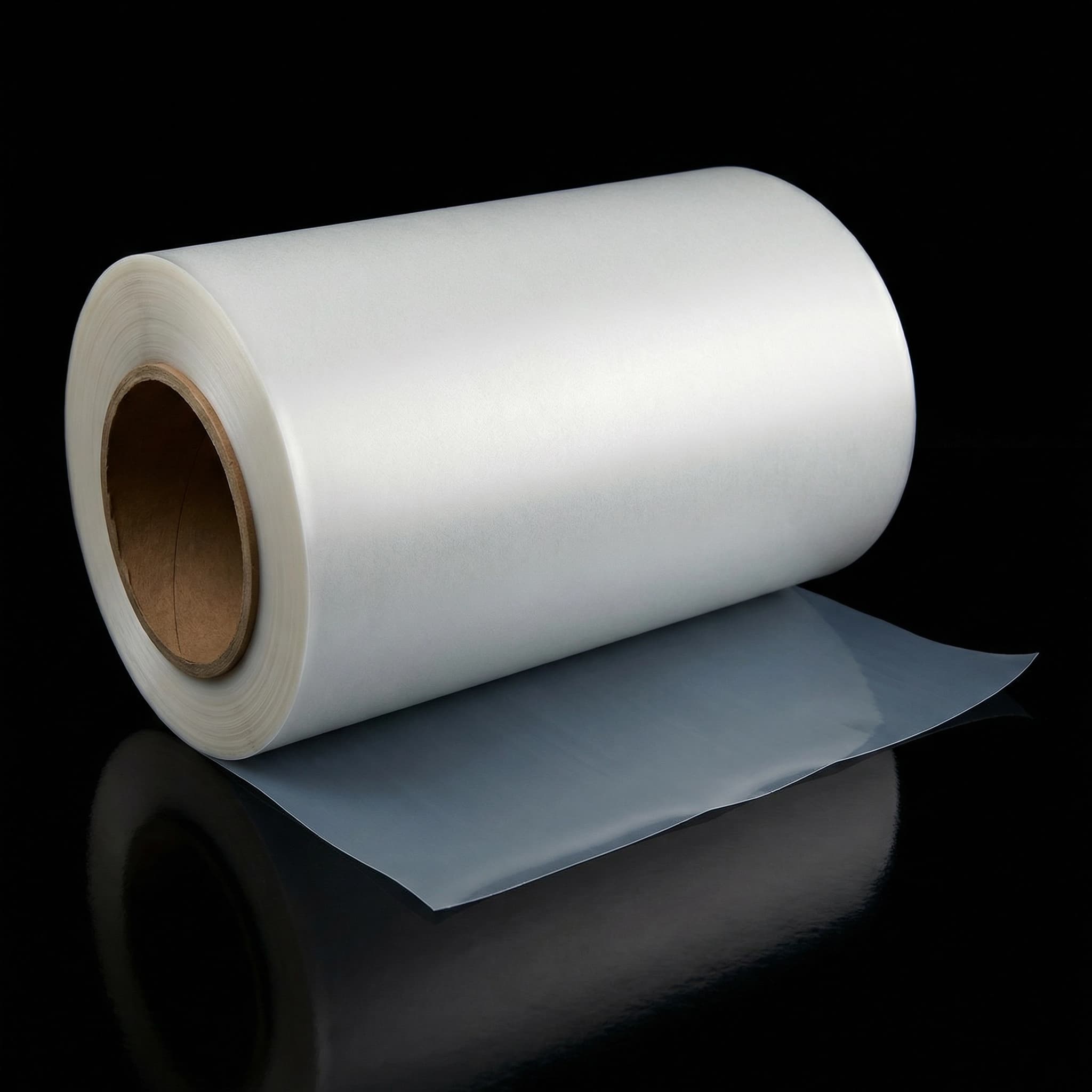 Frosted matte PET plastic sheet roll lying horizontally on a black surface showing anti-glare finish 