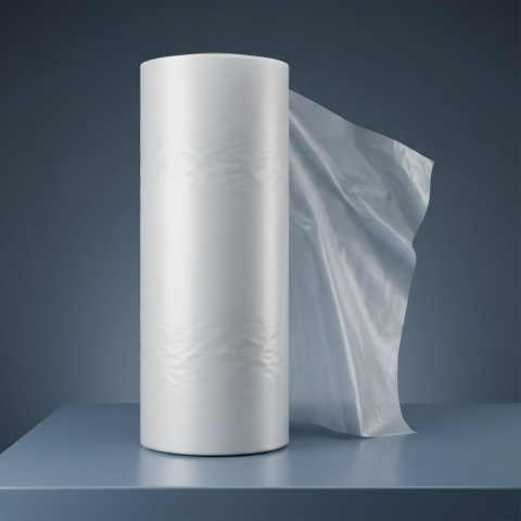 Matte APET sheet roll standing upright with translucent frosted plastic film unrolled 