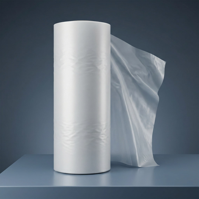 Matte APET sheet roll standing upright with translucent frosted plastic film unrolled 