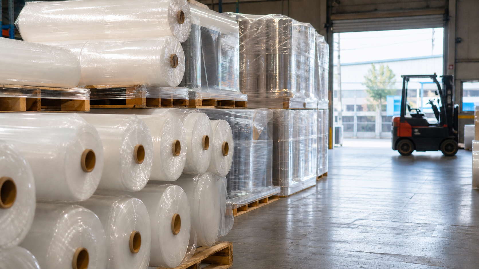 PET and PVC plastic sheet rolls stored in warehouse for packaging supply chain risk planning