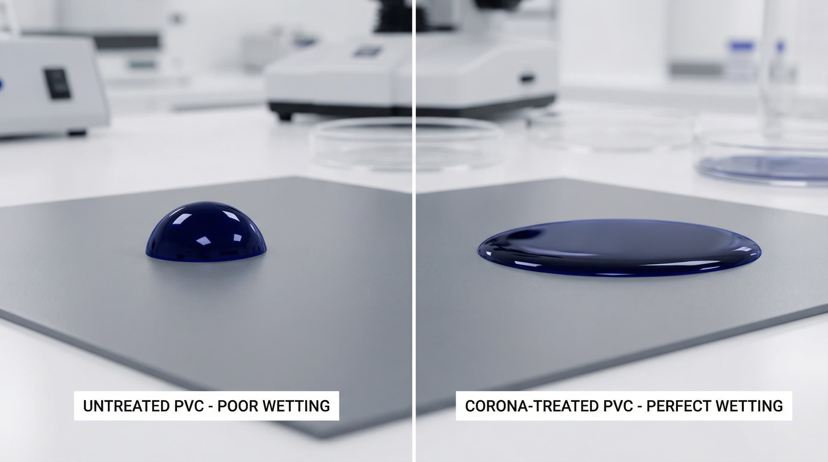 Comparison of ink droplet wetting on untreated versus corona-treated PVC plastic sheet surfaces